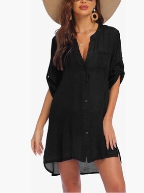 Women's Black Button-Front Swim Coverup Tunic